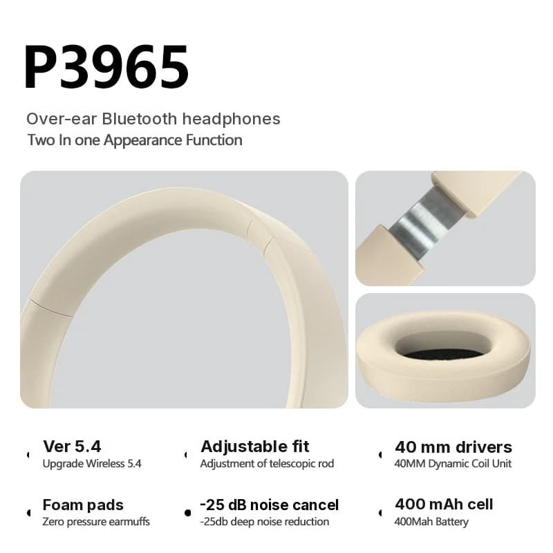 Bezprzewodowe słuchawki nauszne Bluetooth ze stereo i ANC
