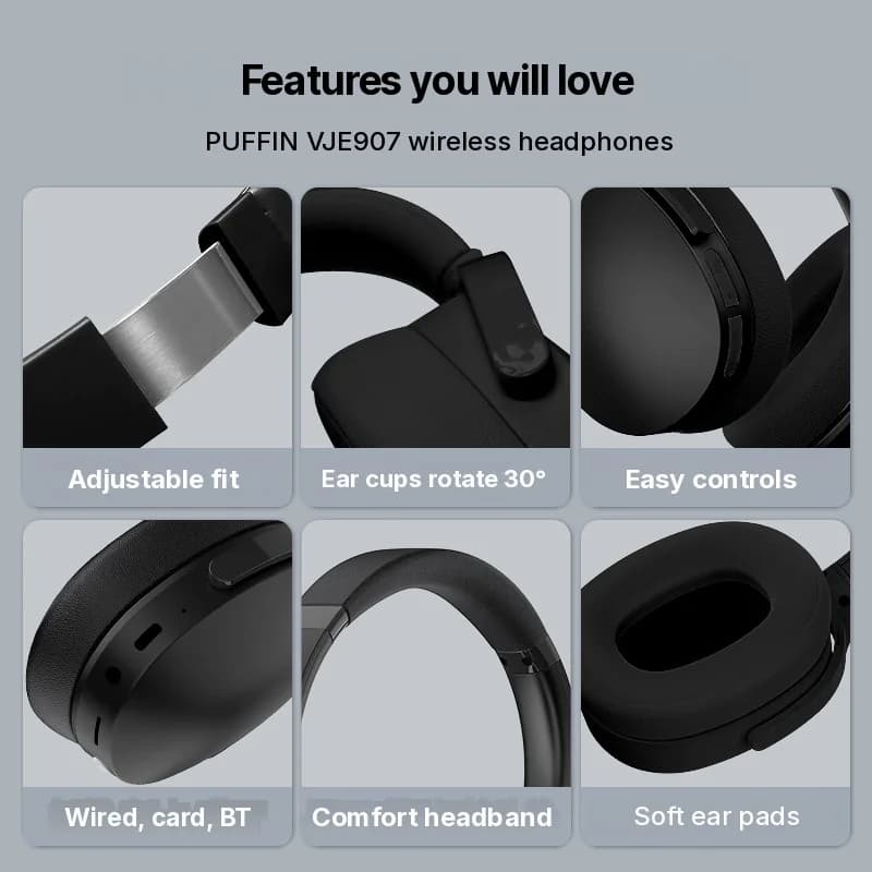 Bezprzewodowe słuchawki nauszne Bluetooth z trzema trybami EQ i mikrofonem