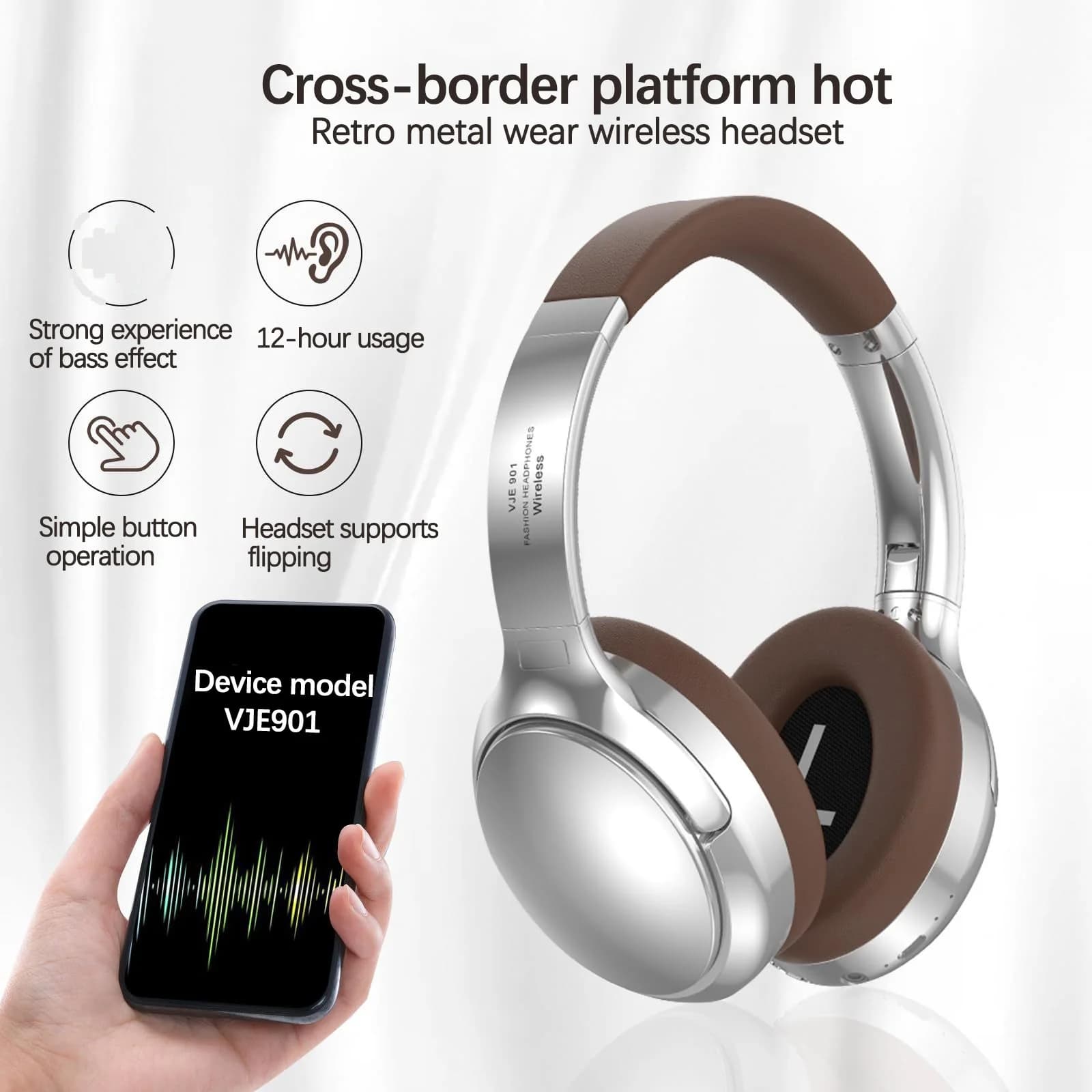 Retro bezprzewodowe słuchawki Bluetooth nauszne stereo z mikrofonem