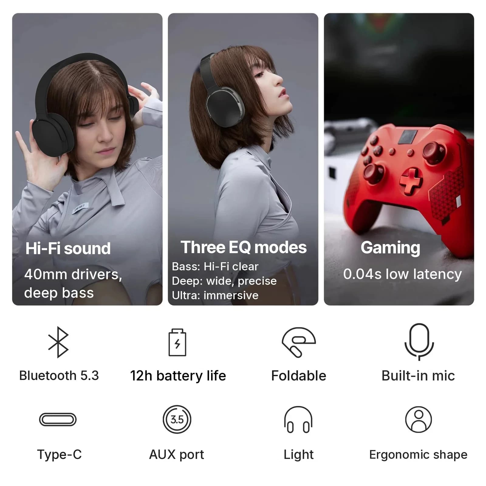 Bezprzewodowe słuchawki nauszne Bluetooth z trzema trybami EQ i mikrofonem