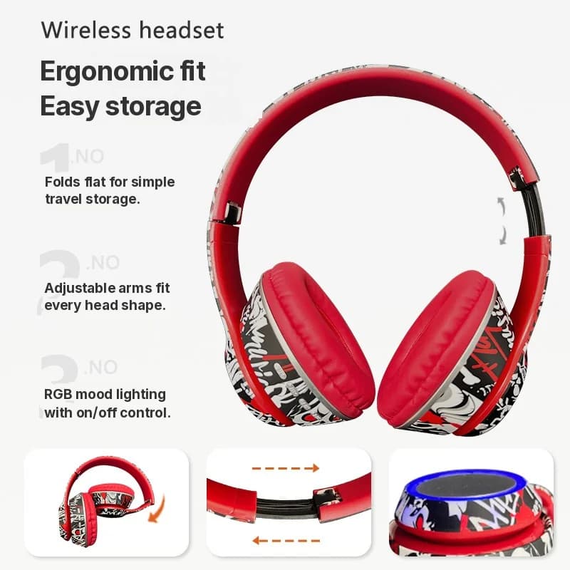 Słuchawki nauszne Bluetooth Graffiti z diodami LED i głębokim basem