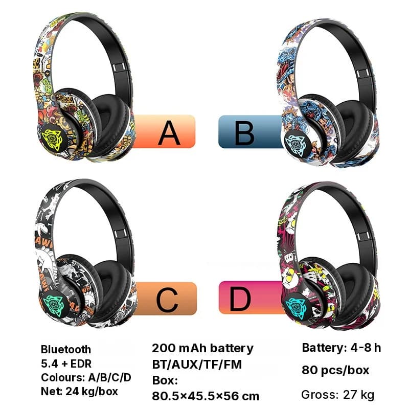 Bezprzewodowe słuchawki Bluetooth nauszne ze składaną konstrukcją i wzorem graffiti