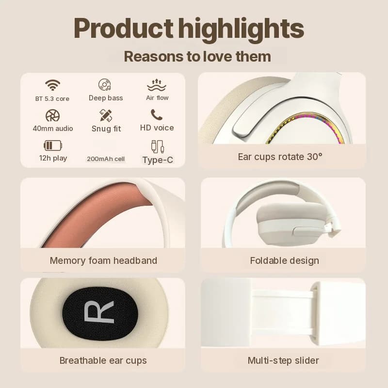 RGB Gamingowe Słuchawki Bezprzewodowe Bluetooth Nauszne Stereo